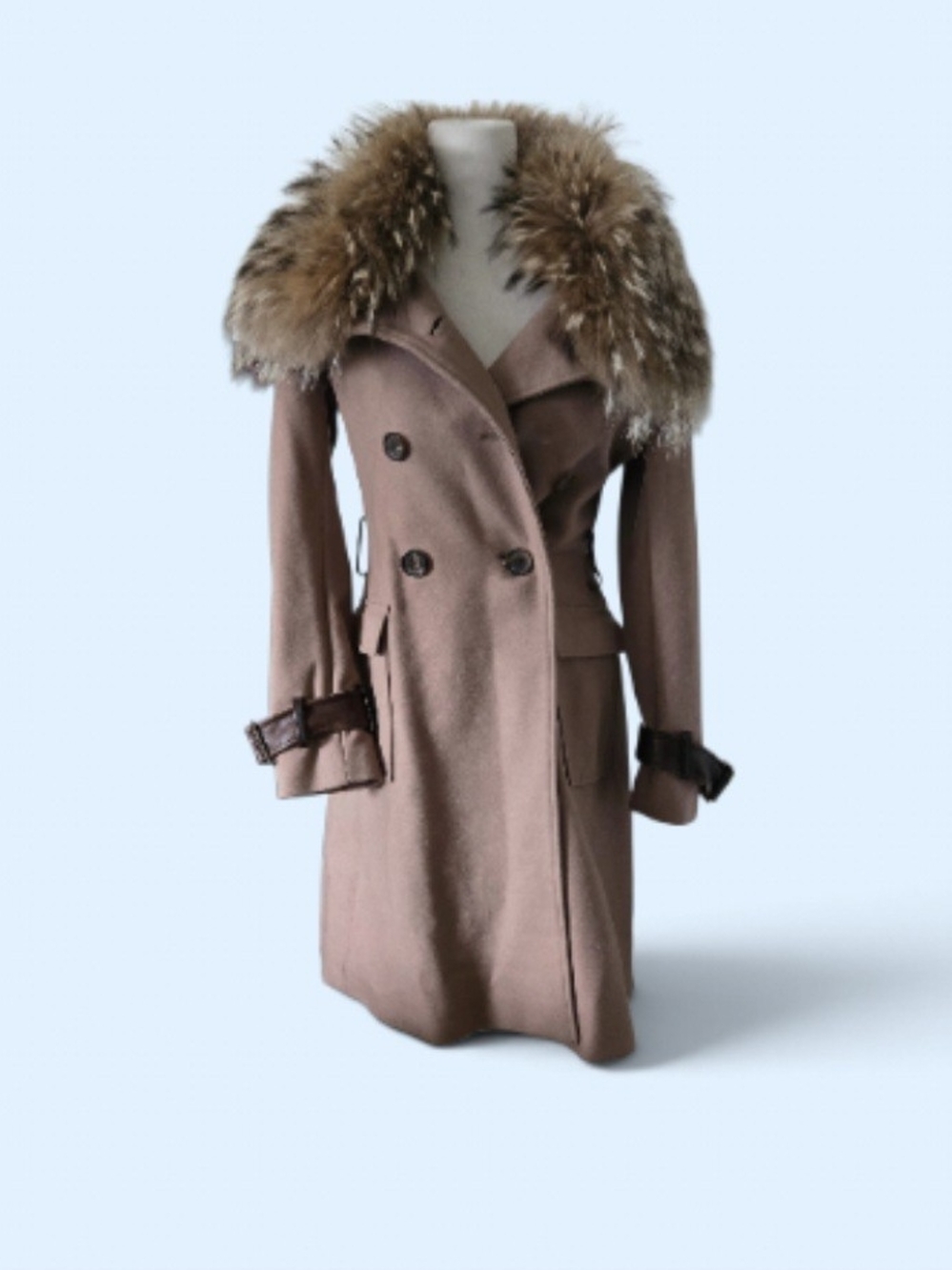 Andrew Marc Taupe Trench Coat with Faux Fur Collar